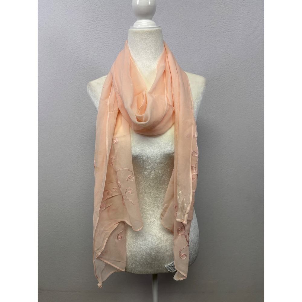 Coquette Romantic Talbots Womens OS Peach Silk Embroidered Floral Chiffon Scarf